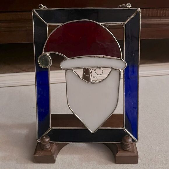 Vintage Santa thick stained glass window sun catcher w chain. - Picture 1 of 7